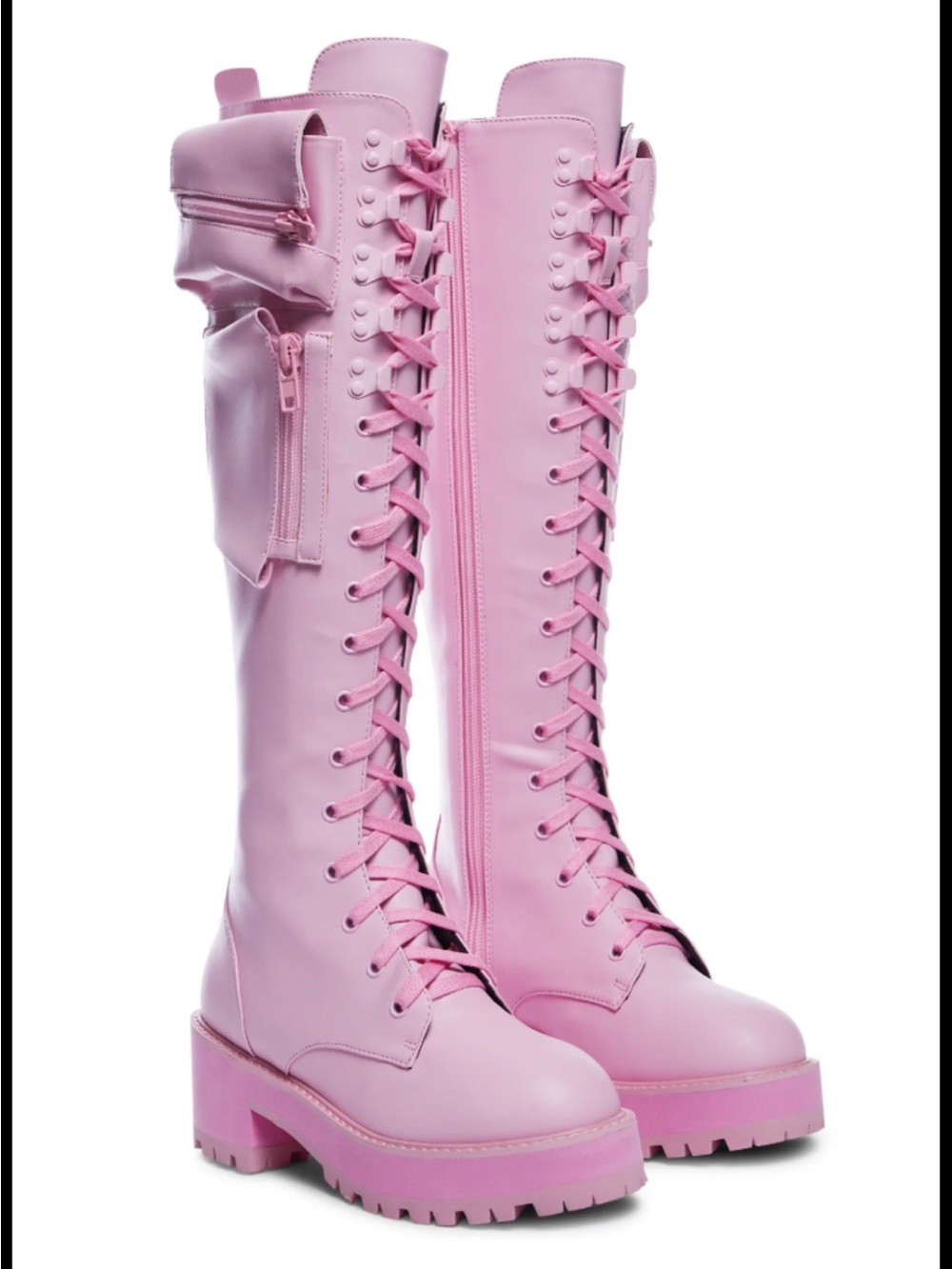 Pink Lace-Up Knee-High Platform Boots